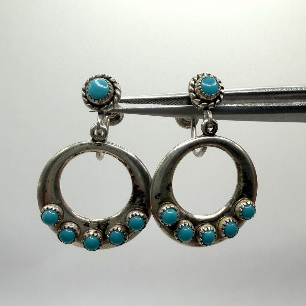 Vintage 925 Sterling Silver Turquoise Hoop Dangle Screw Back Earrings